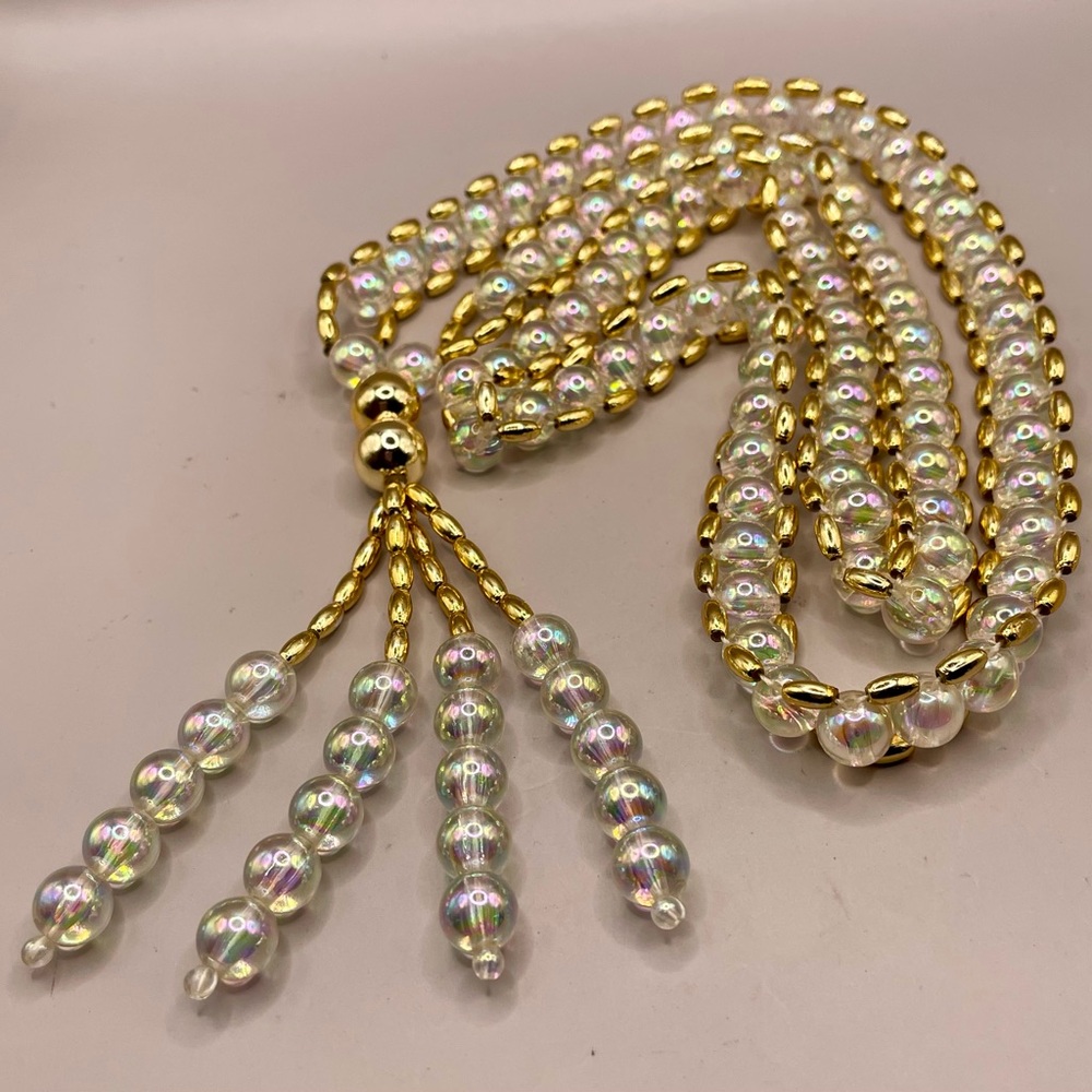 Crystal AB beads and gold lucite beads tassel necklace - Picture 3 of 4